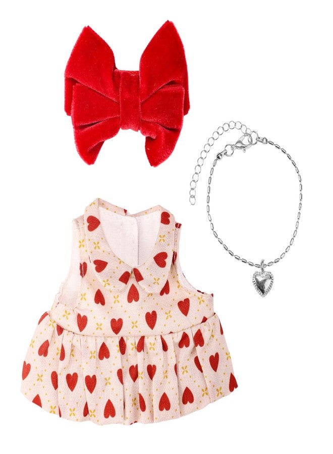 Sinbana 3pcs 17cm Doll Dress Set, Cute Style Sleeveless Dress with Red Velvet Rosette Clips and Silver Heart Shape Necklace Retro Style Outfits and Accessories for Collectors(No Doll Included) - Image 1